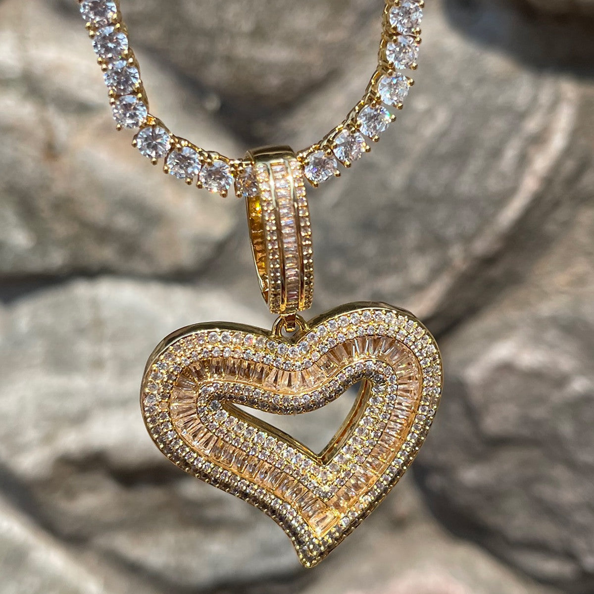 Love&#39;s Embrace | Gold Silver Rose Open Heart Of Love Iced Baguette Pendant