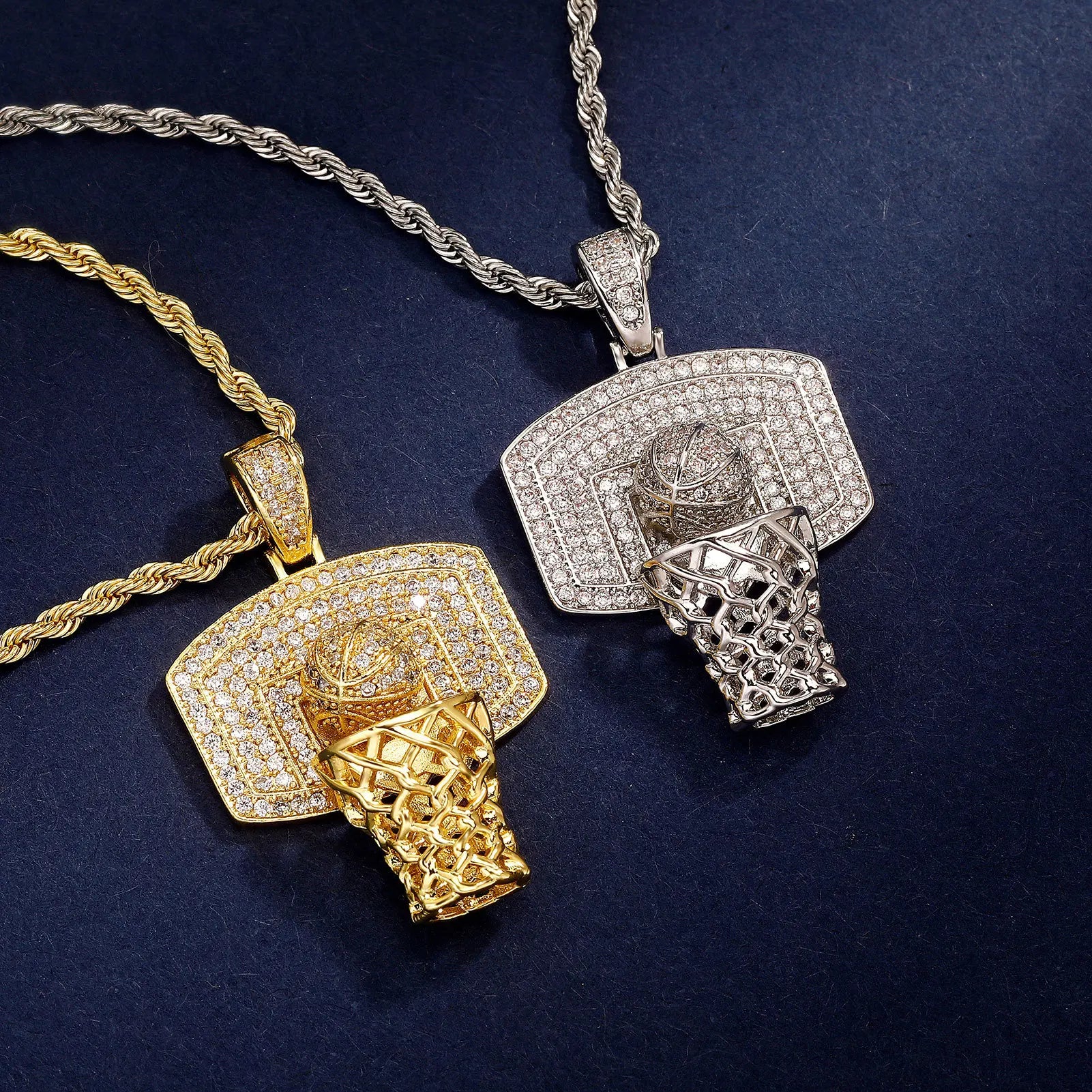 Iced Full Micro Pave Basketball Hoop Backboard Nets Hip Hop Pendant Chain Necklace