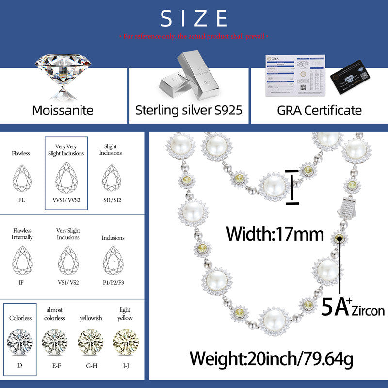Pearl Sun | Moissanite Diamond Solid Sterling Silver Pearl Hip Hop Chain Necklace Bracelet Set