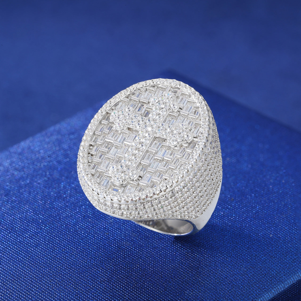 Men's Iced Blinged Out Baguette Sterling Silver Full Moissanite Diamond Cross Ring