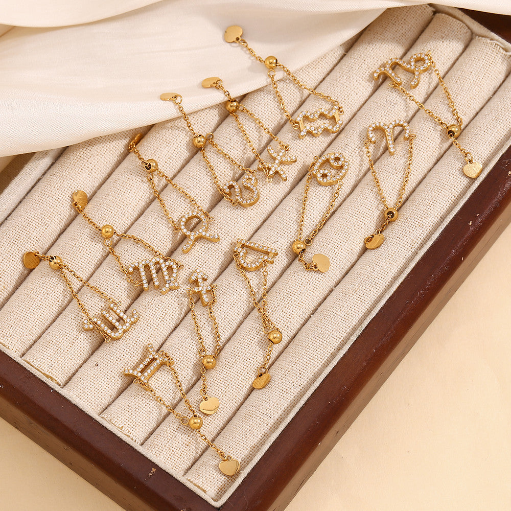 Ladies Waterproof 18k Gold Stainless Steel 12 Constellation Bling Adjustable Zodiac Rings