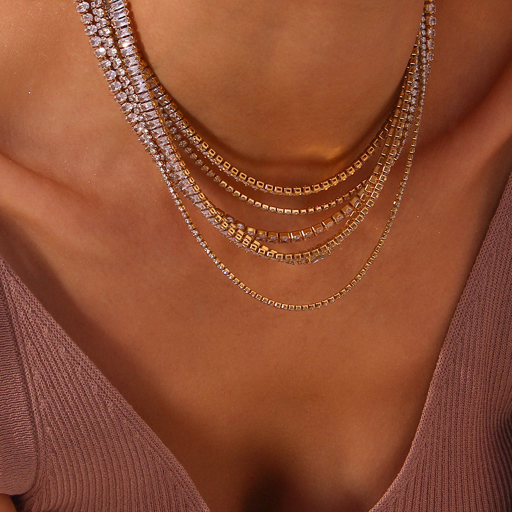 Ladies 18k Gold Waterproof Stainless Steel Bling Tennis Chain Necklace