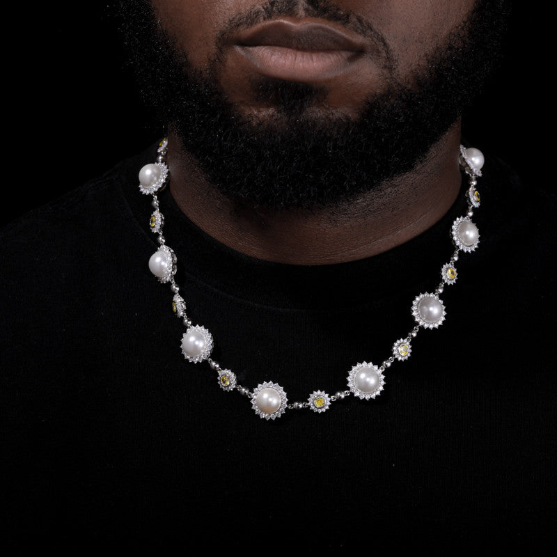 Pearl Sun | Moissanite Diamond Solid Sterling Silver Pearl Hip Hop Chain Necklace