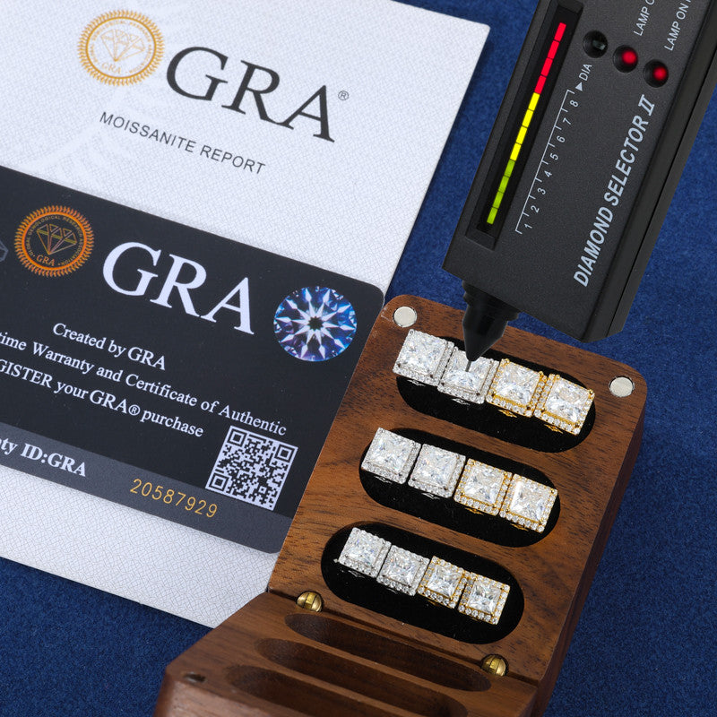 925 Sterling Silver Moissanite Diamond Halo Stud Hip Hop Princess Cut Earrings