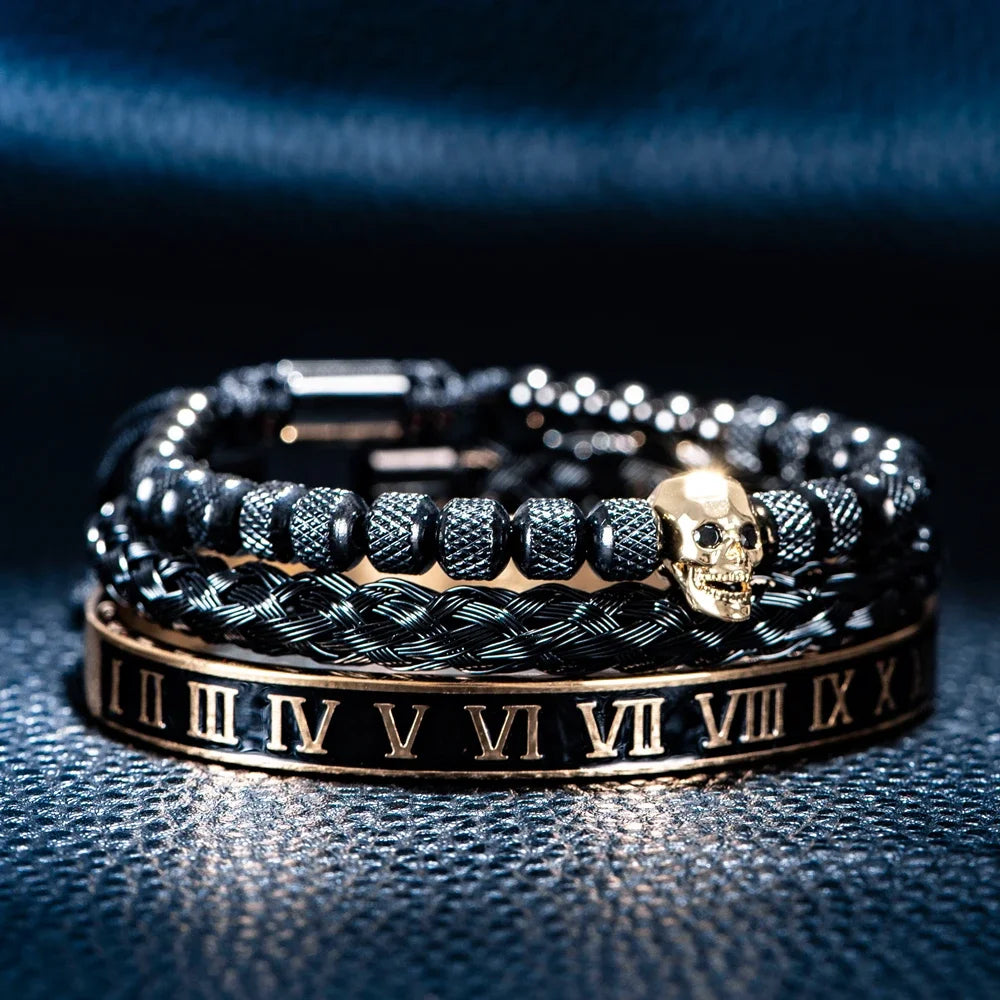 Skull Charm | No Fade Stainless Steel Black Roman Numeral Luxury Men's Bracelets