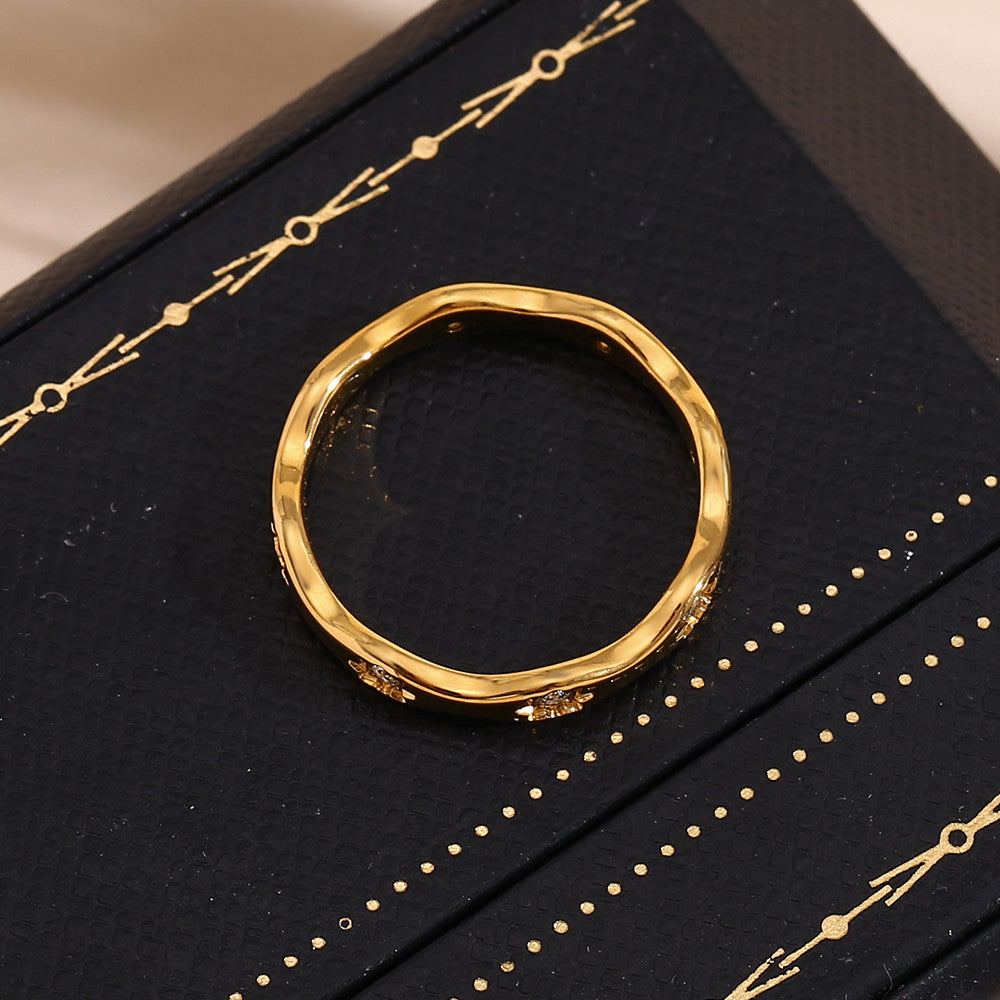 Ladies CZ 18k Gold Solid Stainless Steel Star Wave Stone Everyday Wear Ring