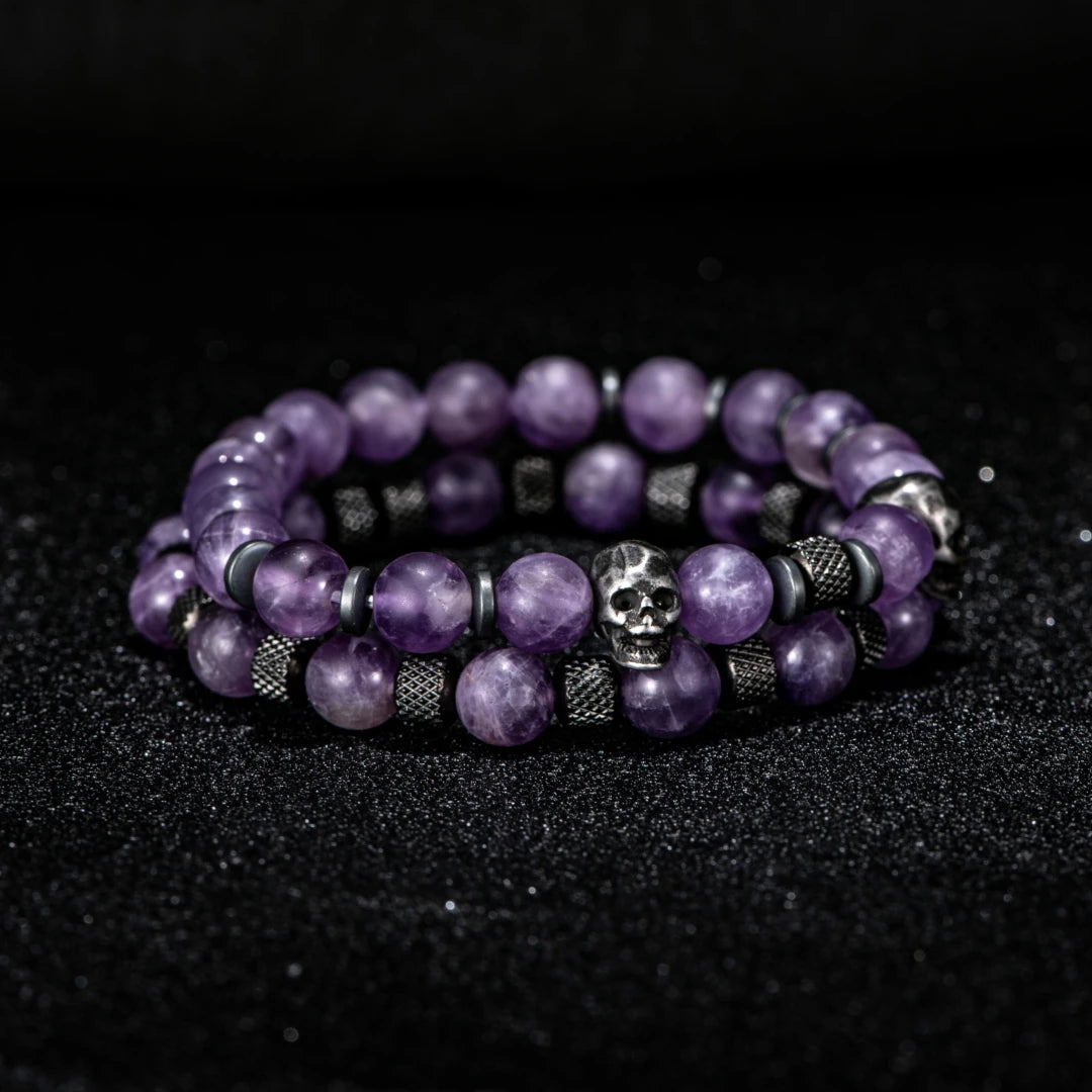 Skull Amethyst | Luxury 2pcs/Set Natural Amethyst Skull Beads Stretch Adjustable Bracelet