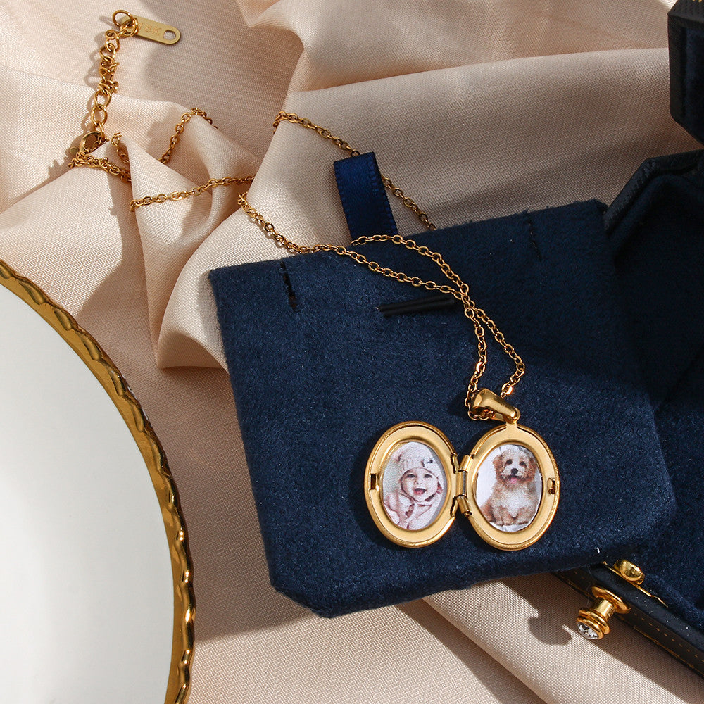 18k Gold Waterproof Picture Oval Photo Locket Memory Keepsake Stainless Steel Pendant Necklace
