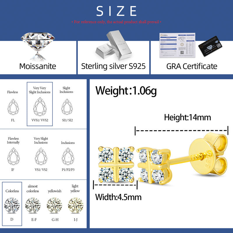 VVS Cross Stud | D Color Moissanite Diamond Solid Sterling Silver Hip Hop Earrings