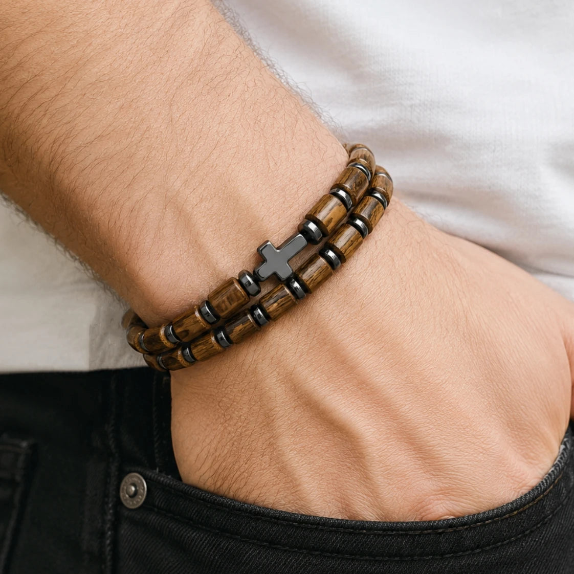 Divine Blessings | Handmade 2 Piece Natural Wooden Gallstone Meditation Cross Bracelet