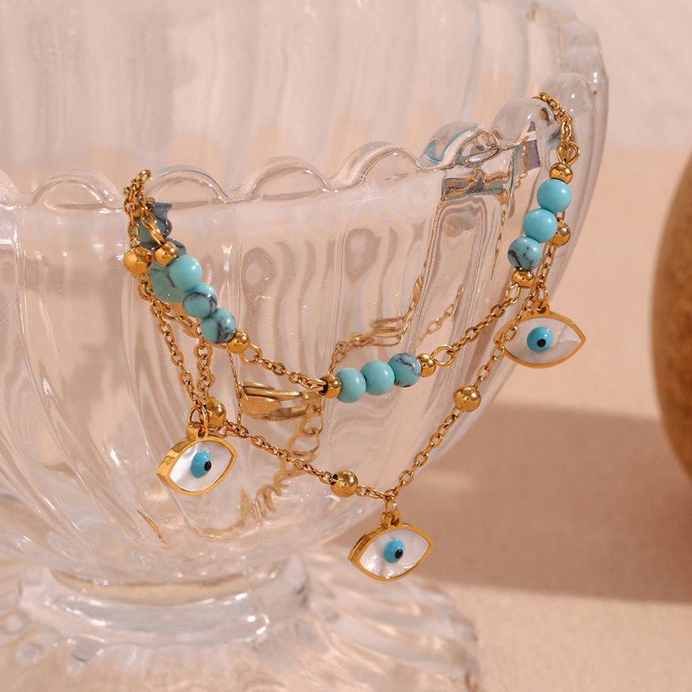 Ladies Waterproof Tarnish Free 18k Gold All Seeing Eyes Blue Turquoise Stone Ankle Bracelet