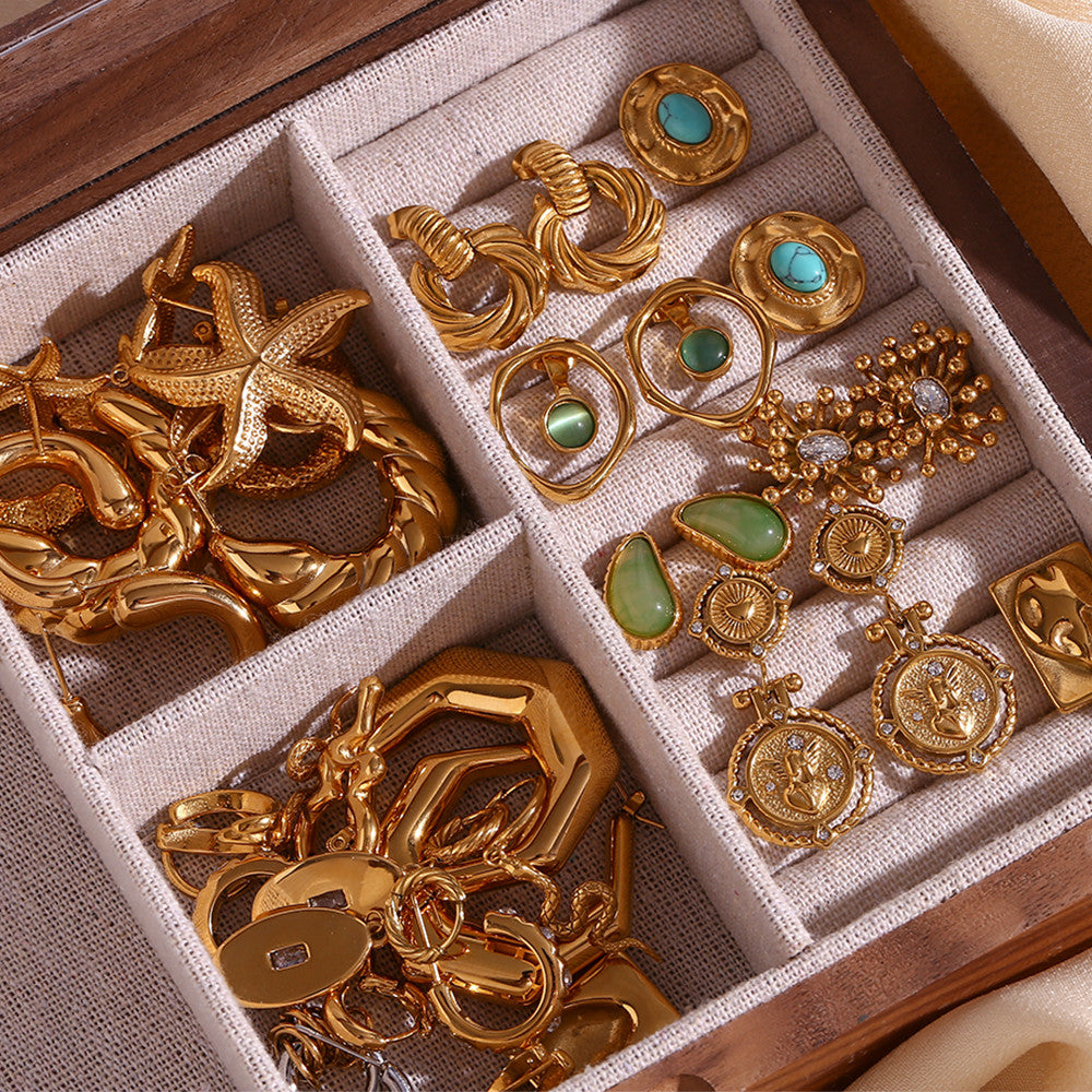 18k Gold Over Solid Stainless Steel Hammered Pattern Hollow Oval Zircon Heart Earrings