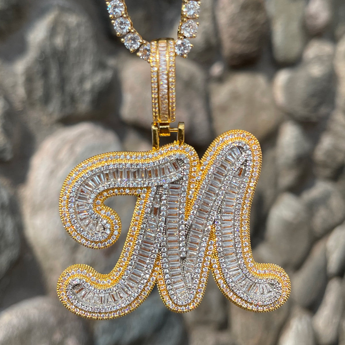 IcedAge | Flooded Ice Custom Cursive Baguette Prong Set Hip Hop Initial Pendant