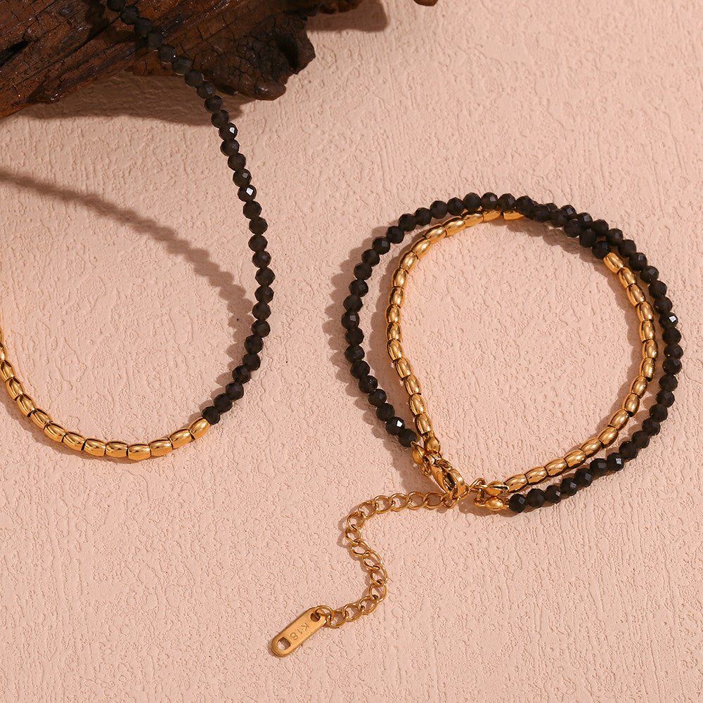 Layered Obsidian | 18k Gold No Fade Stainless Steel Beads Double Layers Wrap Necklace Bracelet Set