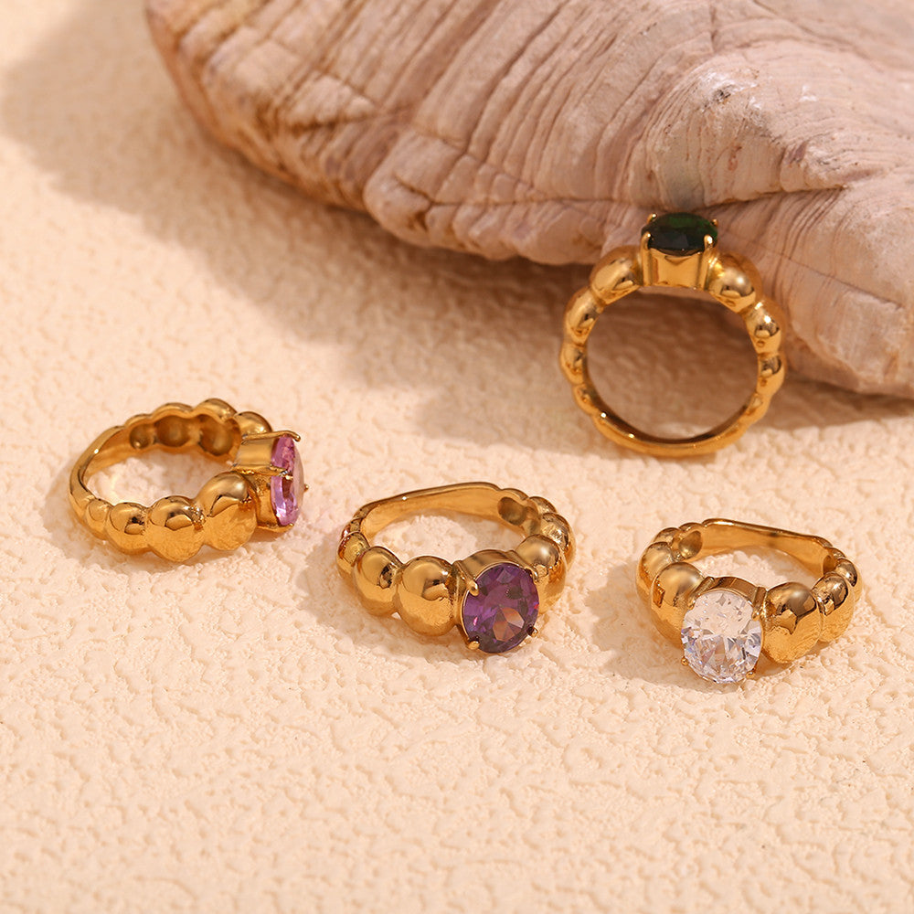 Ladies 18k Gold 316L No Fade Stainless Steel CZ Stone Round Bubble Rings