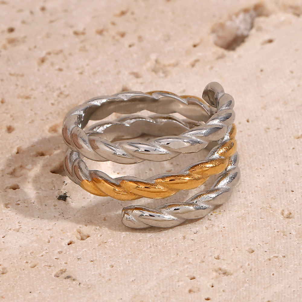 18k Gold Three Layers Twisted Opening Stainless Steel Tarnish Free Bling Ring