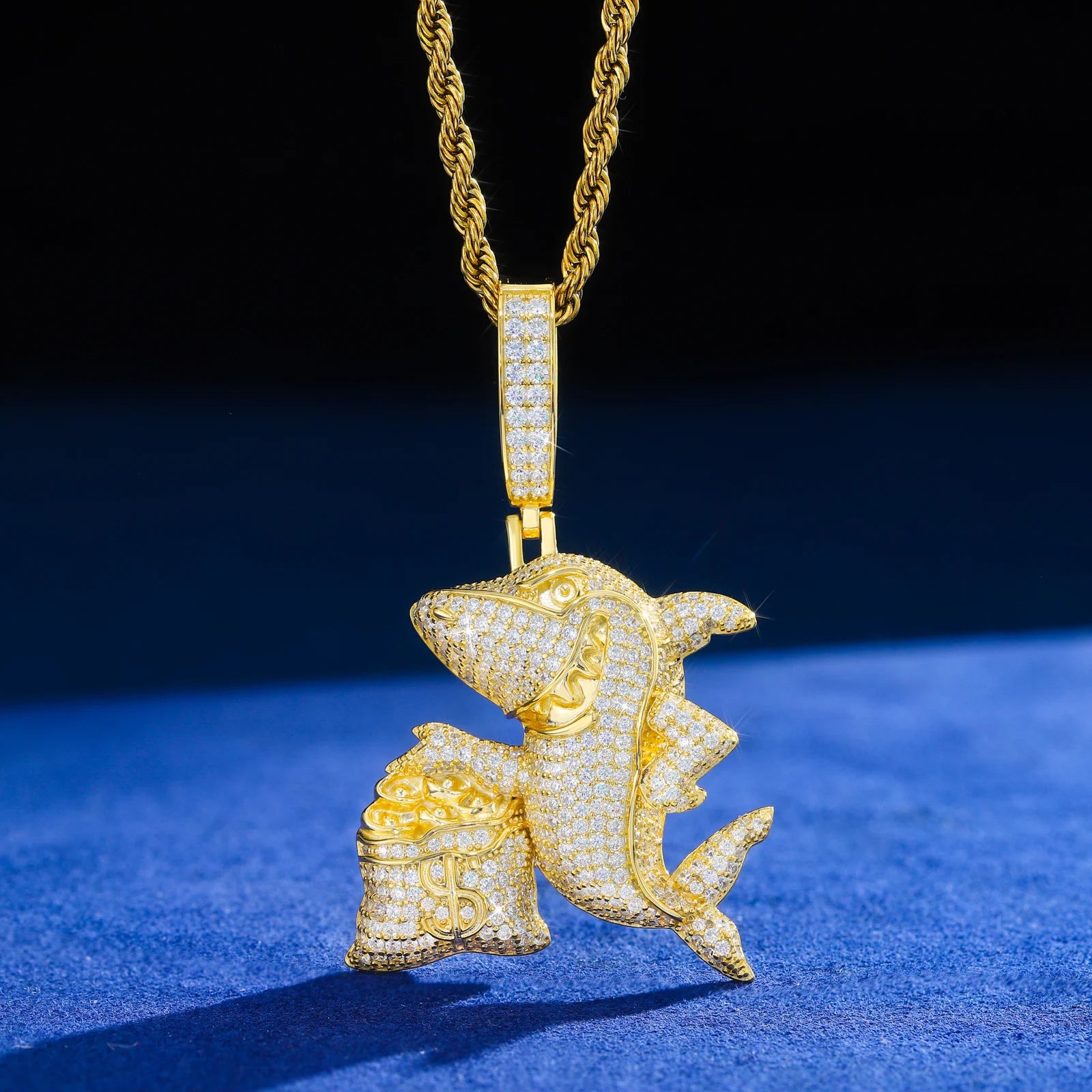 Hustler Shark | 925 Sterling Silver Iced Blinged Out Out Moissanite Shark Money Bag Pendant