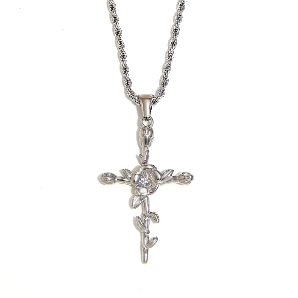Women's 18k Gold Waterproof Designer Birth Month Flower Cross Tarnish Free Necklace