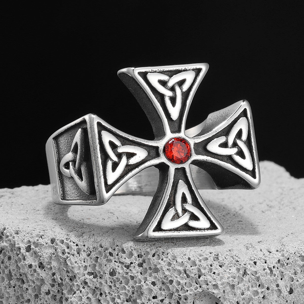 Celtic Knot | No Fade Solid Stainless Steel Biker Cross Red Stone Rings