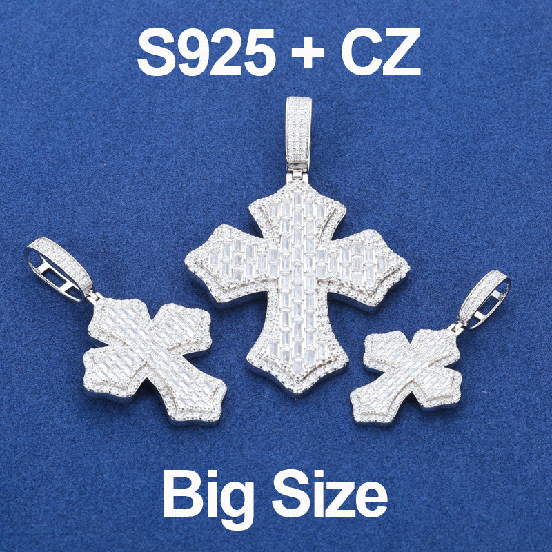 Cross Shield | Solid 925 Sterling Silver Moissanite Diamond Baguette Hip Hop Pendant