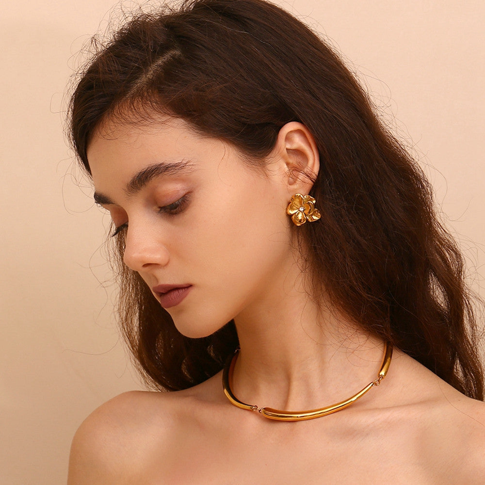 Stainless Steel Retro Flower Double Layer 18k Gold Silver Waterproof Earrings