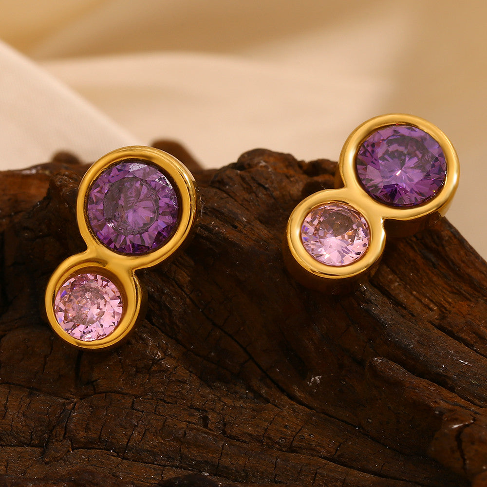 18k Gold Waterproof Stainless Steel Double CIrcle Pink Purple Ziron Stud Earrings