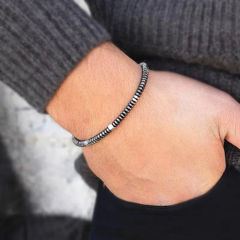 Slim Hematite | Luxury Stone Bangle Beaded Weaving Adjustable Street Wear Bracelet
