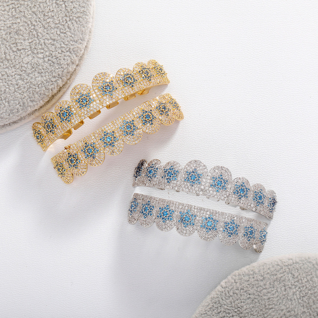 Six Star | VVS Diamond CZ Hip Hop Blue Stone Hip Hop Mouth Teeth Grillz Caps Set