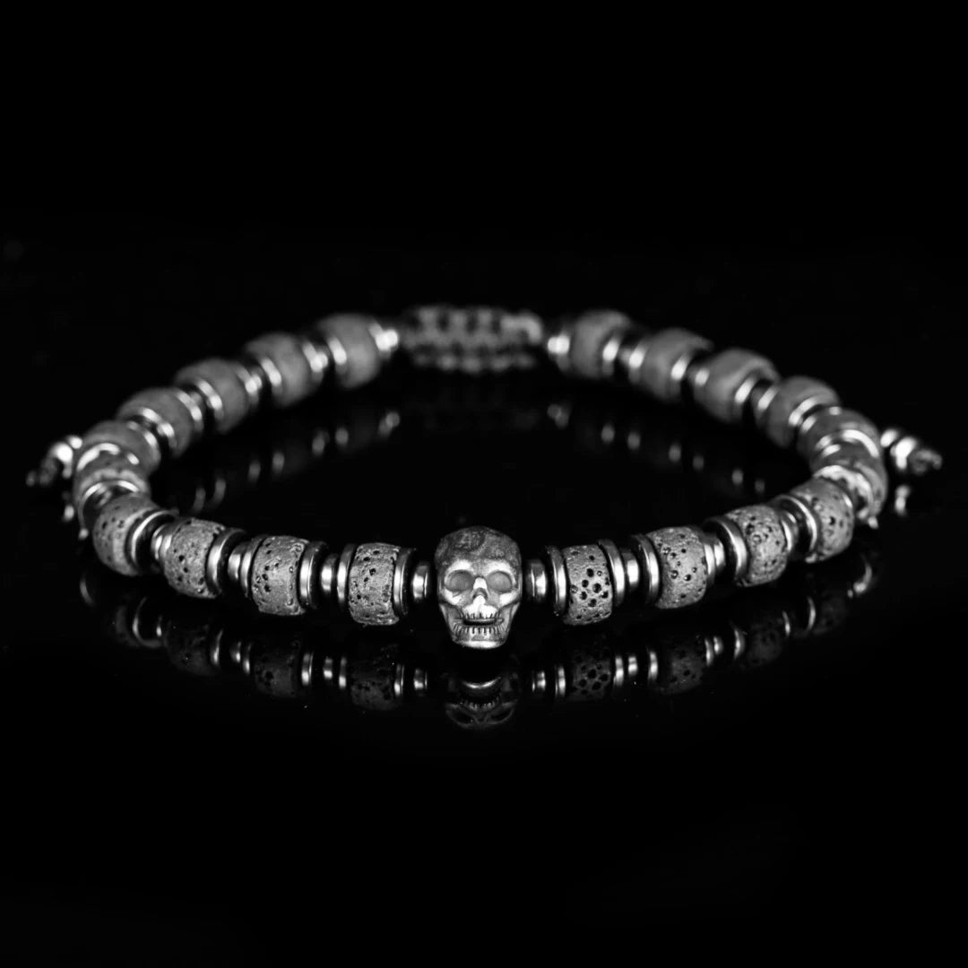 Secret Society II | Men's Natural Stone Beaded No Fade Stainless Steel Skull Bracelet