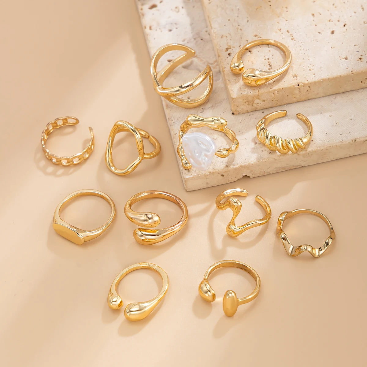 Ladies High Fashion Gold 12 Piece Tear Drop Vintage Ring Set