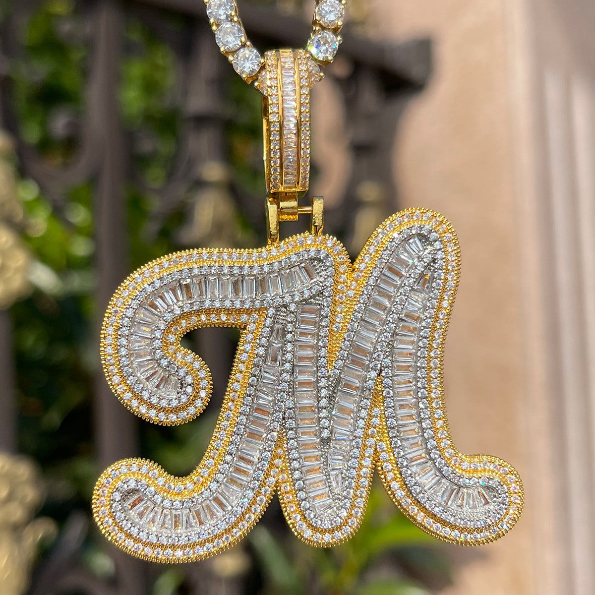 IcedAge | Flooded Ice Custom Cursive Baguette Prong Set Hip Hop Initial Pendant
