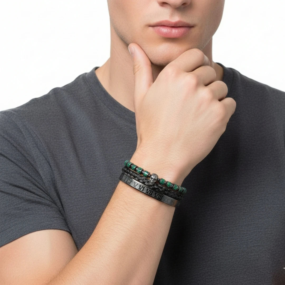 Skull Fire | Luxury 3pcs/set Men's Natural Stone Beads Hip Hop Bracelet Set