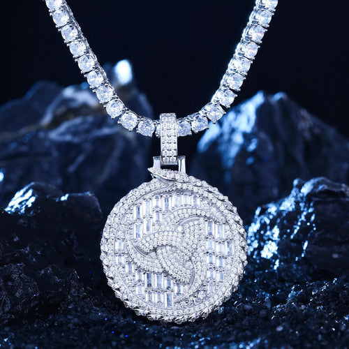 Solid Sterling Silver Ancient Snake Compass Genuine VVS Diamond Baguette Stone Pendant