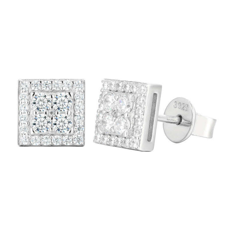 Solid 925 Sterling Silver Luxury Moissanite Diamond Square Stud Hip Hop Earrings