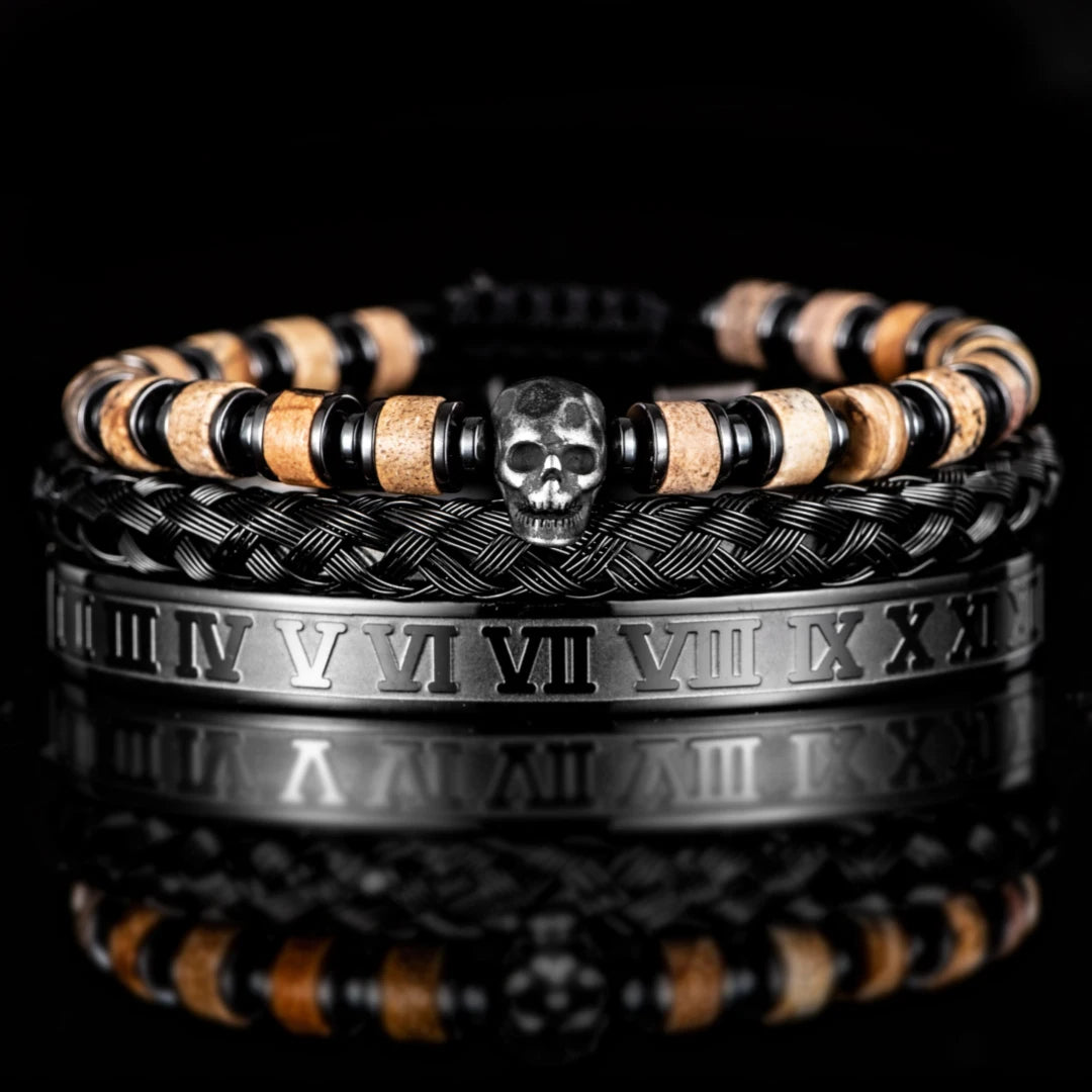 Skull Fire | Luxury 3pcs/set Men's Natural Stone Beads Hip Hop Bracelet Set