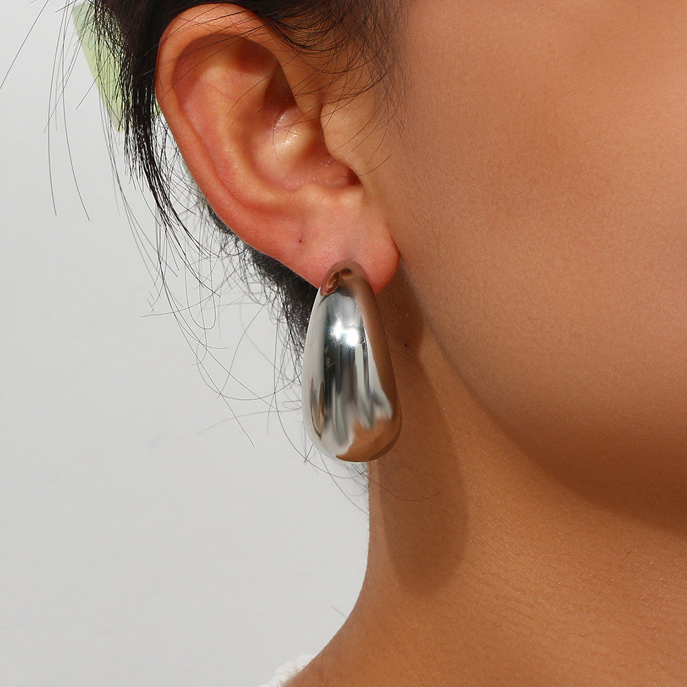 Ladies Silver No Fade Waterproof Stainless Steel Hollow Geometric Round Trapezoid Hoop Earrings