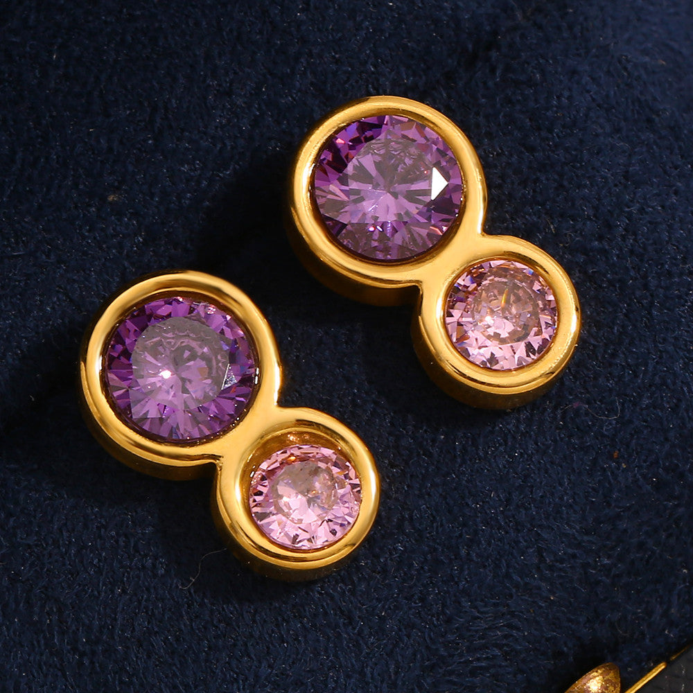 18k Gold Waterproof Stainless Steel Double CIrcle Pink Purple Ziron Stud Earrings
