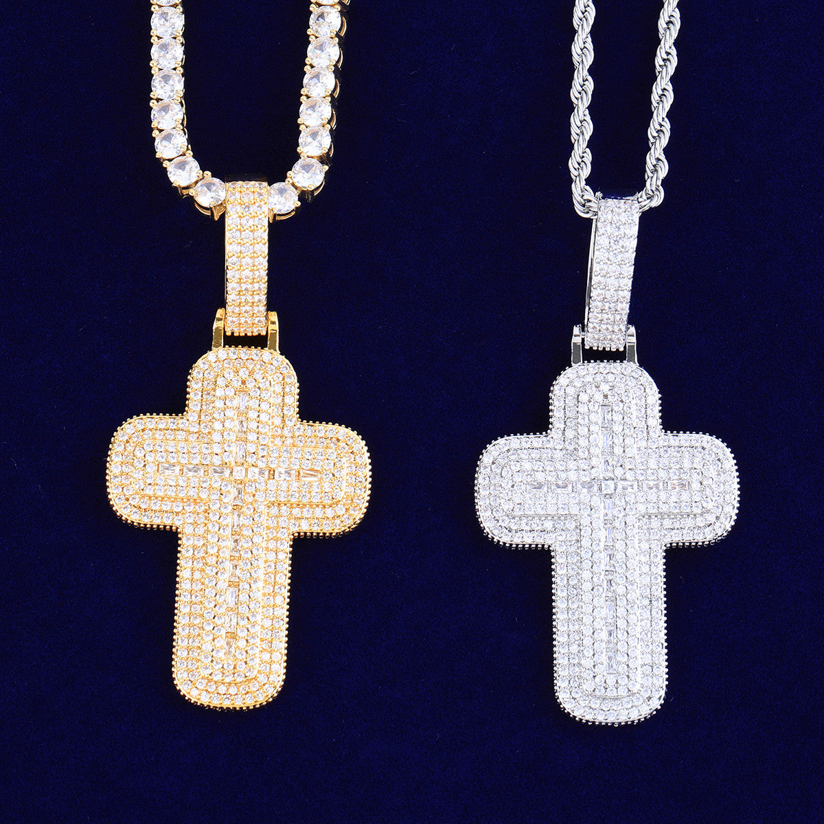 Two Layer Cross | VVS Diamond CZ Stone 24k 925 Silver Rose Gold Iced Baguette Cross Pendant