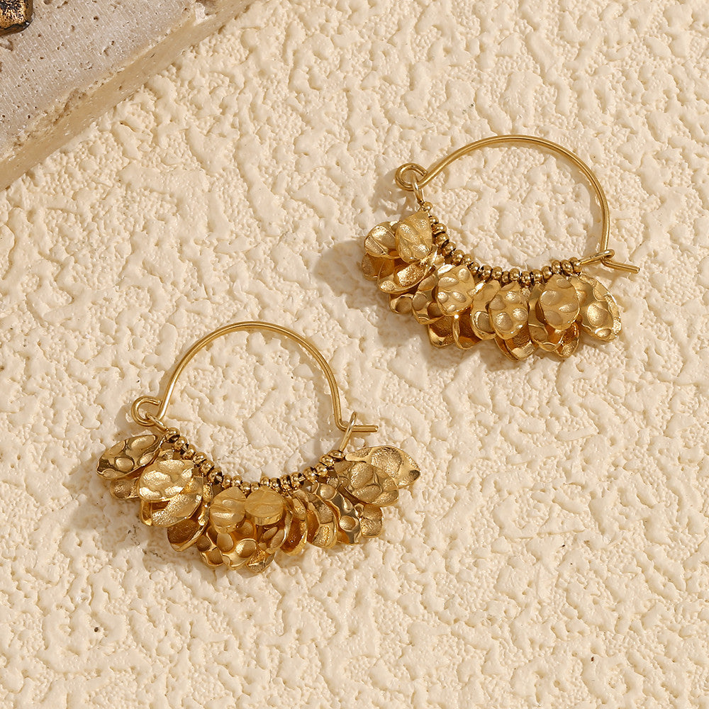Stainless Steel 18k Gold Elegant Hammered Leaf Pattern Designer Style Earrings