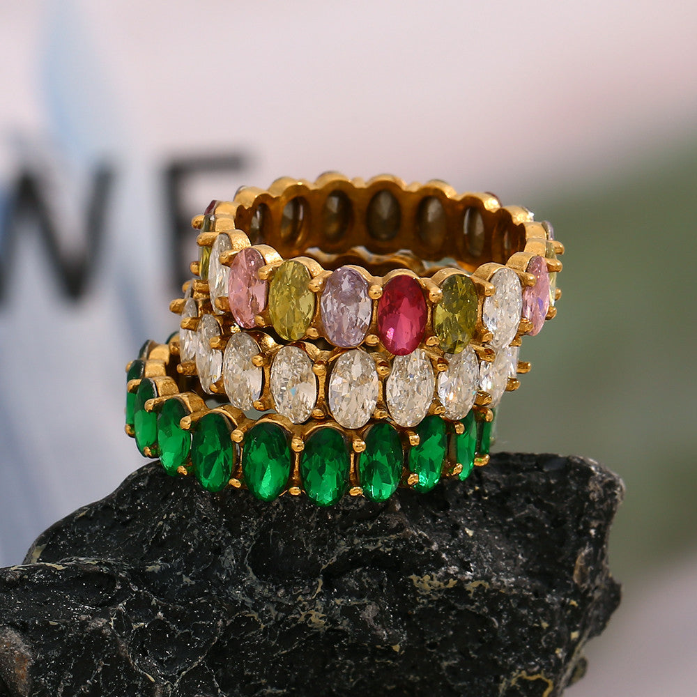 18k Gold Waterproof CZ Stainless Steel Wedding Party Oval Shape Zircon Rings