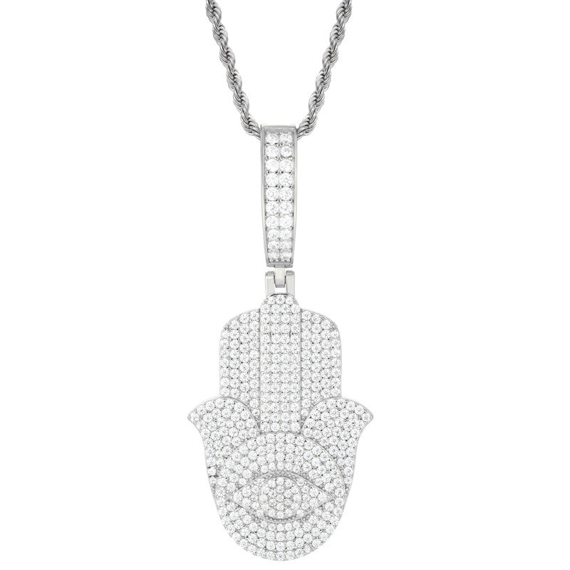 Eye Of Fatima | Solid Sterling Silver Moissanite Diamond Hamsa Hand Iced Blinged Out Pendant