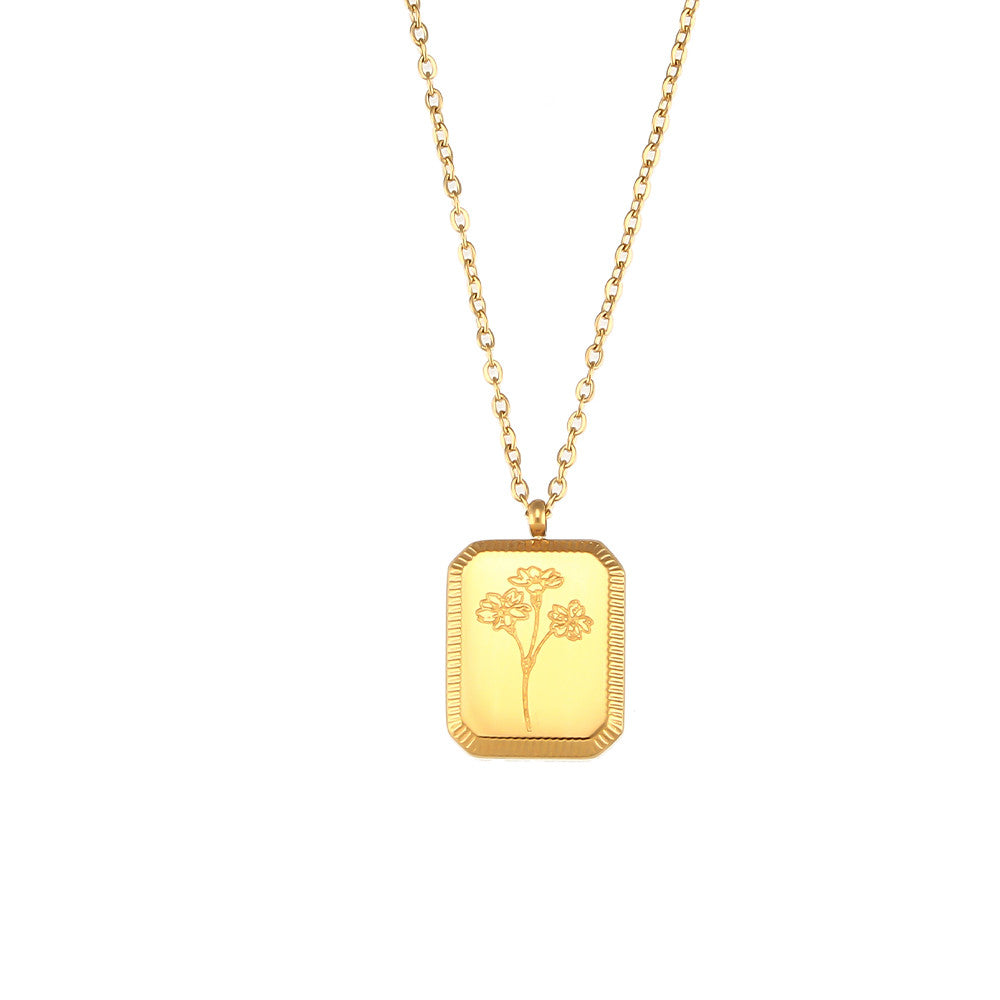 18k Gold Waterproof Stainless Steel Square Flower Birthstone Necklaces