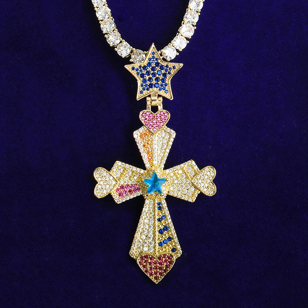 North Star | 5AA+ VVS Diamond CZ North Star Bail Colorful Iced Hip Hop Cross Pendant