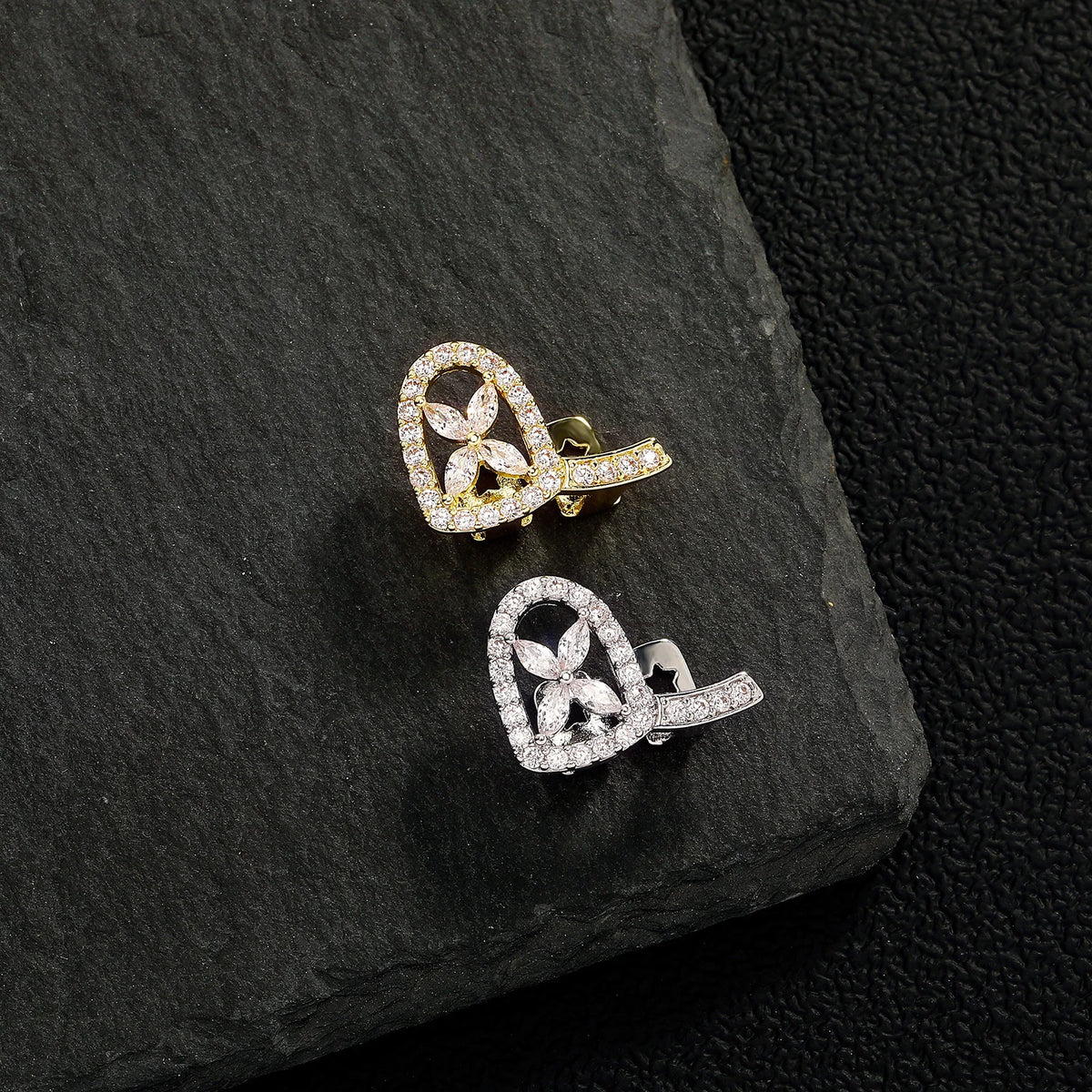 The Flower | Double Four-leaf Flower Iced Blinged  Out Hollow Horizontal Bar Tooth Grillz