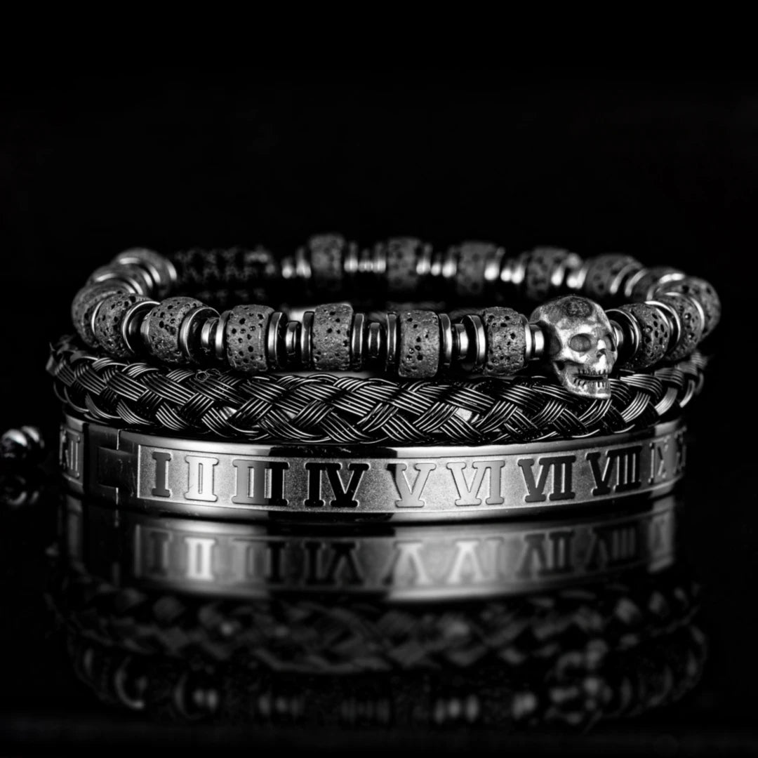 Skull Fire | Luxury 3pcs/set Men's Natural Stone Beads Hip Hop Bracelet Set