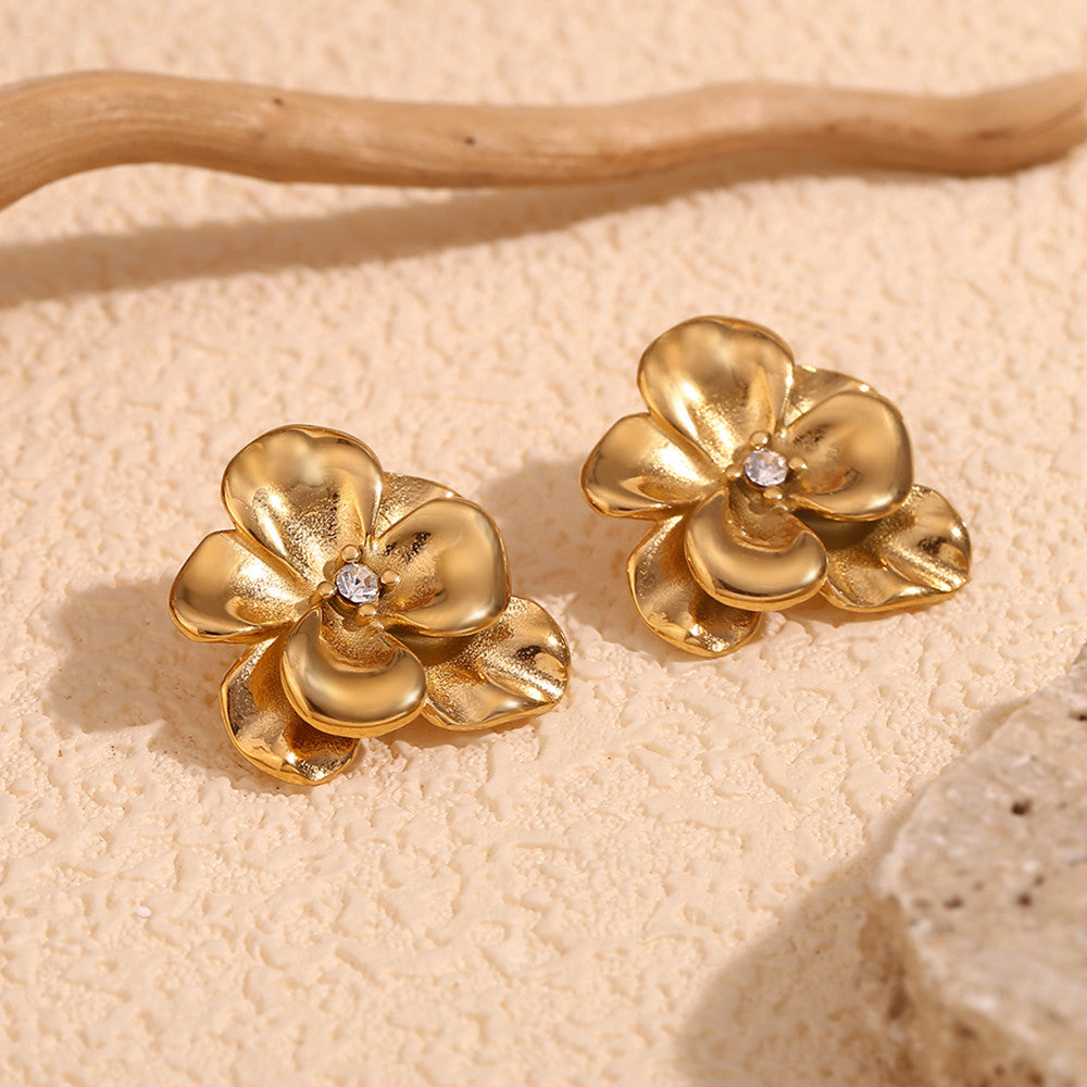 Stainless Steel Retro Flower Double Layer 18k Gold Silver Waterproof Earrings