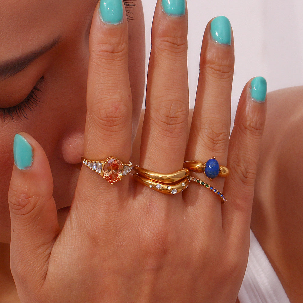 Stainless Steel Gem Lapis Turquoise 3A CZ 18k Gold Waterproof Bling Bling Rings