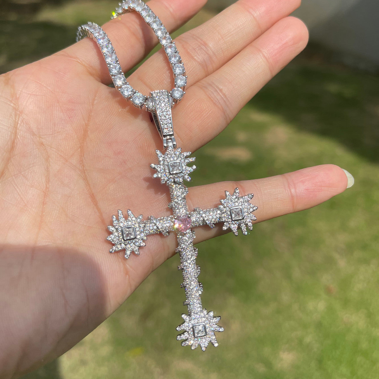 Pink Passion  | Prong Set Center Stone Heart Cross Iced Pendant Necklace