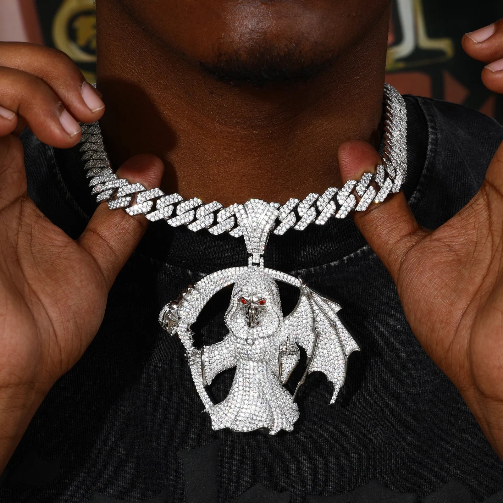 Middle Finger Reaper | Moissanite Diamond 925 Silver Hip Hop One Wing Scythe Grim Reaper Pendant