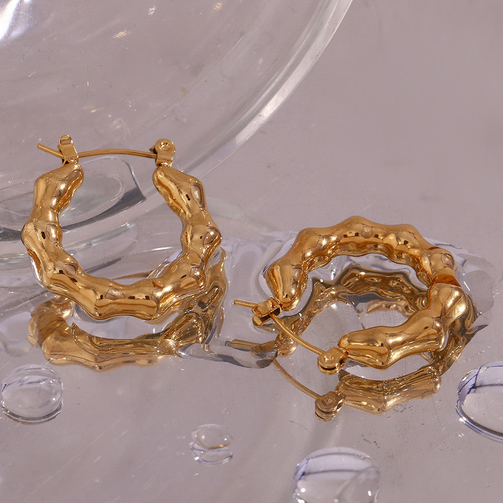 18k Gold Light Weight Stainless Steel Bamboo Nodes Shape Waterproof Hoop Earrings